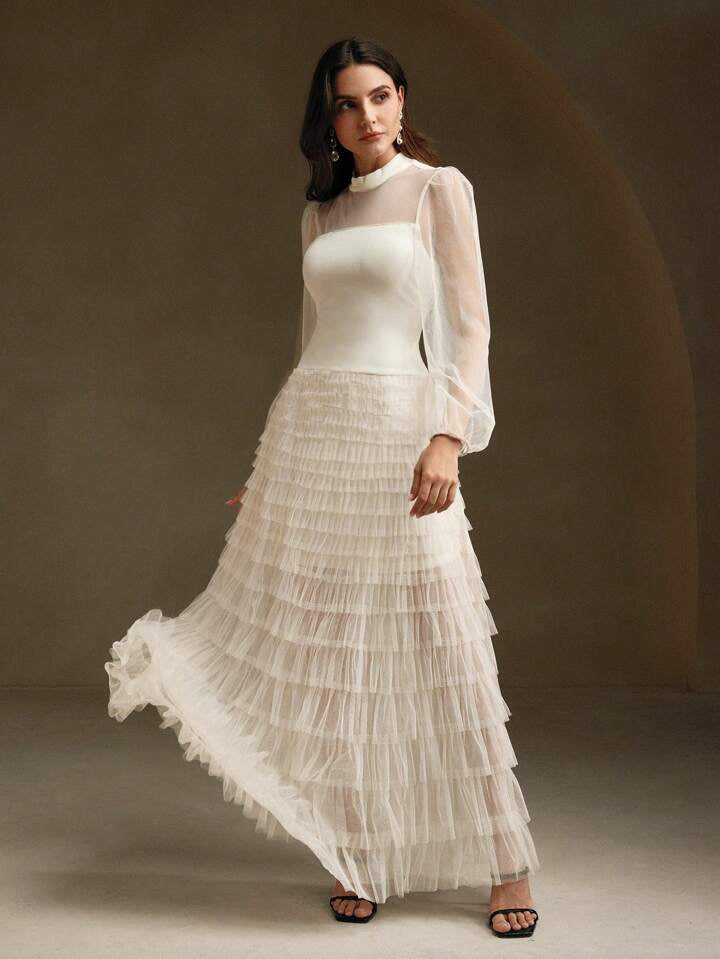 CM-DS765537 Women Elegant Seoul Style Stand Collar Long Sleeve Mesh Patchwork Layered Dress