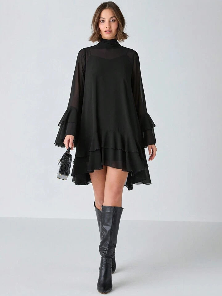 CM-DS399818 Women Elegant Seoul Style Solid Stand Collar Long Sleeve High Waist A-Line Dress - Black