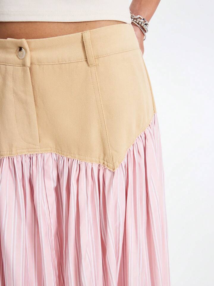 CM-BS028786 Women Casual Seoul Style Striped Asymmetric Patchwork A-Line Ruffle Hem Skirt