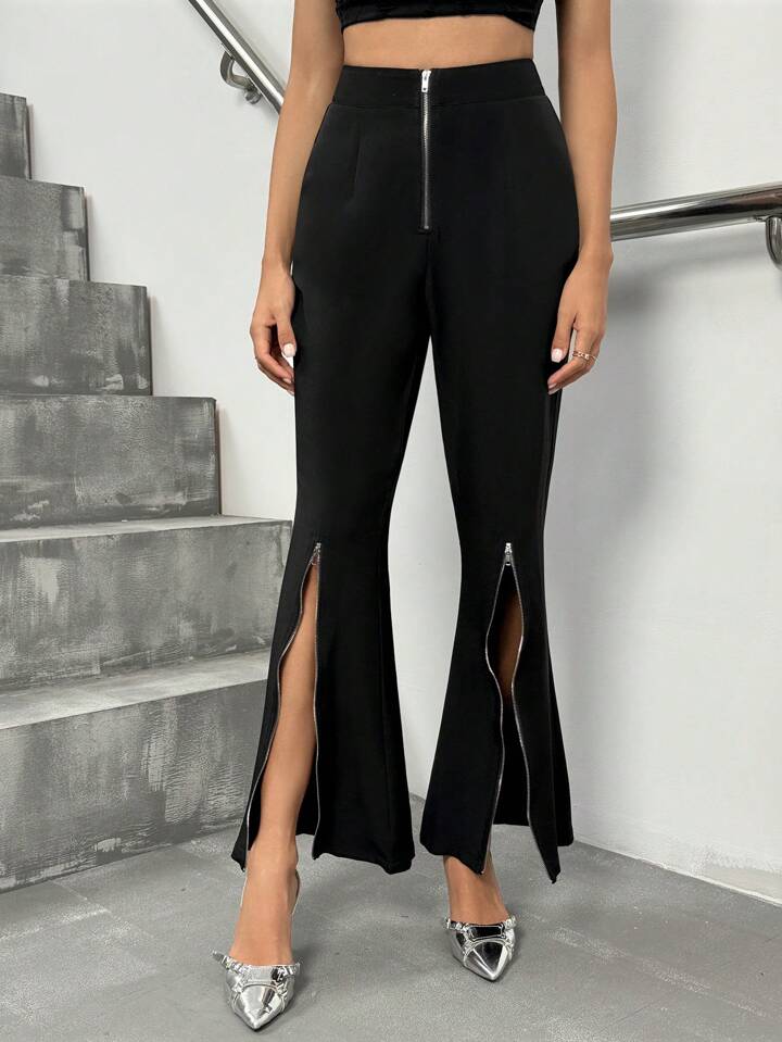 CM-BS513361 Women Elegant Seoul Style Zipper Waist Fitted Flared Hem Slit Pants - Black