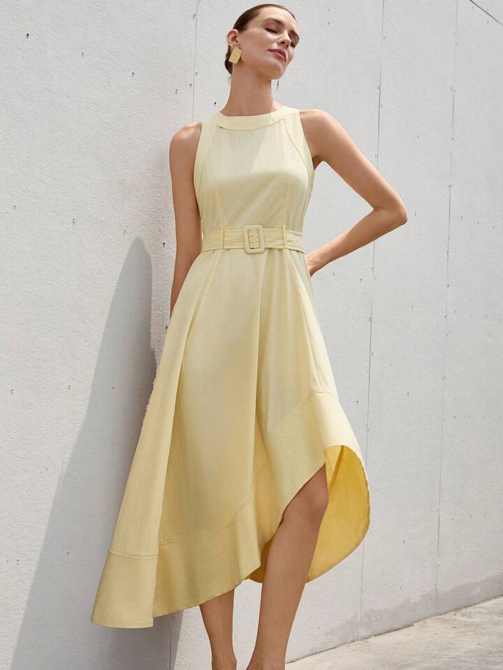 CM-DS531672 Women Elegant Seoul Style Round Neck Cinched Waist Asymmetrical Flare Hem Sleeveless Dress