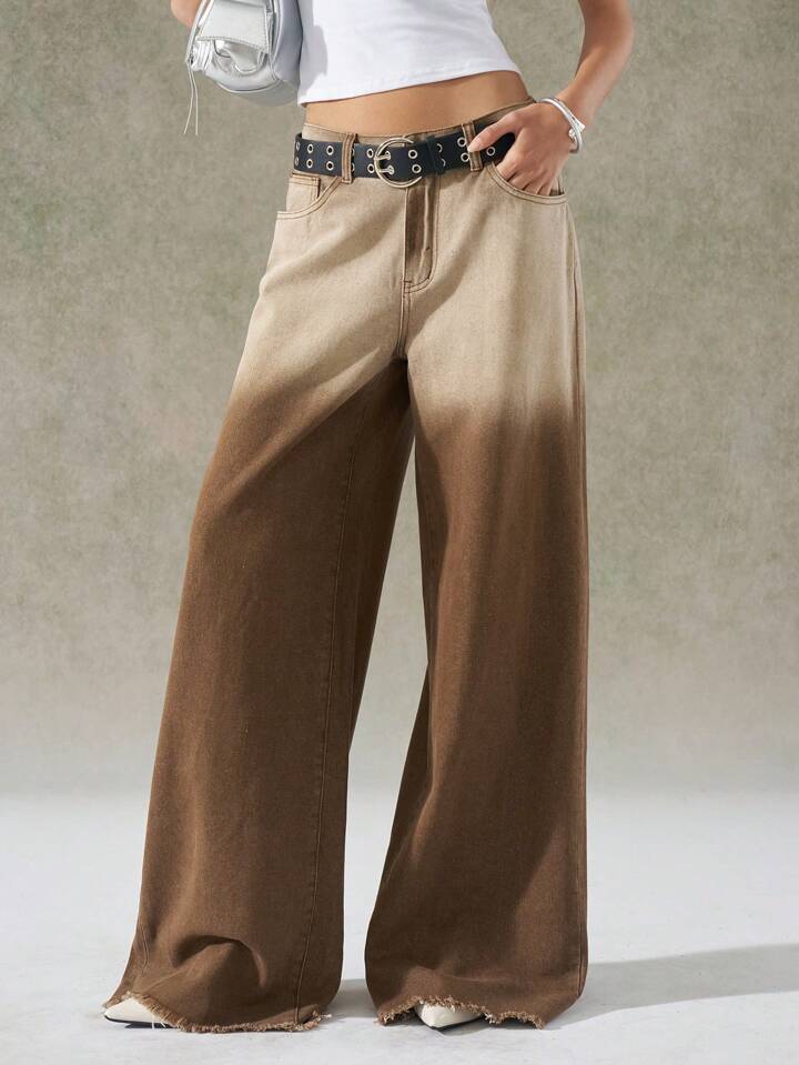 CM-BS097539 Women Casual Seoul Style Washed Ombre Wide Leg Jeans - Coffee Brown