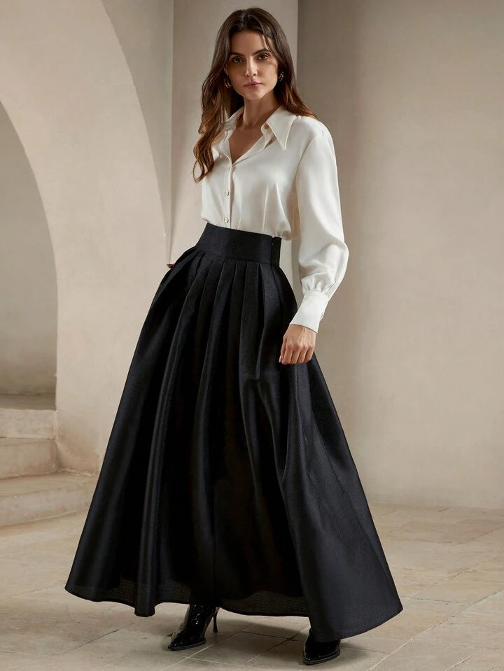 CM-BS549896 Women Elegant Seoul Style High Waisted Puff Pleated Long Skirt - Black