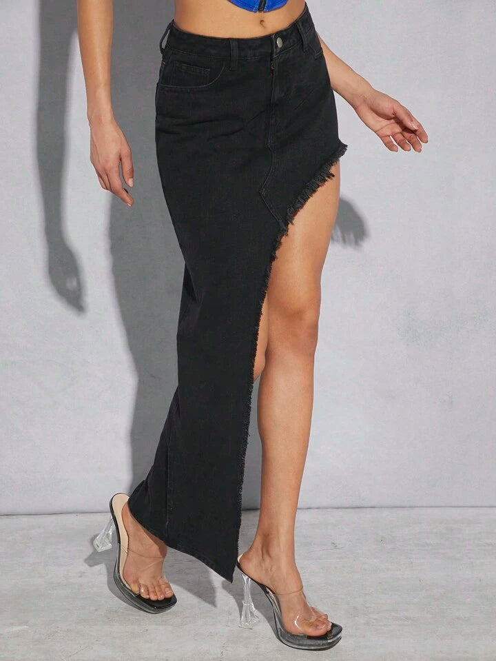 CM-BS172152 Women Casual Seoul Style Asymmetrical Frayed Hem Denim Skirt - Black