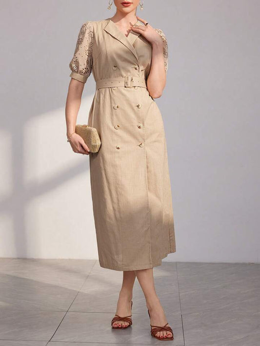 CM-DS145223 Women Casual Seoul Style Hollow Out Embroidery Puff Short Sleeve Shirt Dress - Khaki