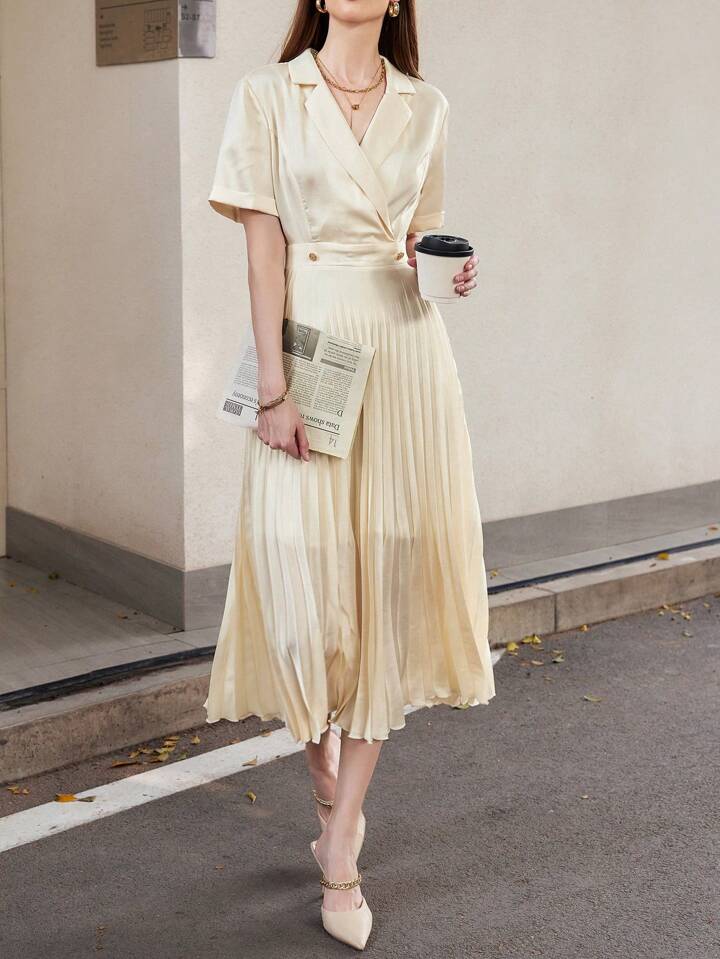 CM-DS944449 Women Elegant Seoul Style Notch Collar Short Sleeve Waist Belt Midi Dress - Champagne