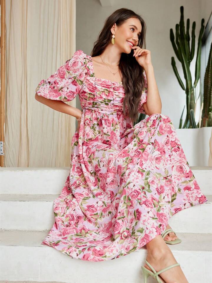 CM-DS917498 Women Trendy Bohemian Style Floral Print Square Neckline Pleated Dress