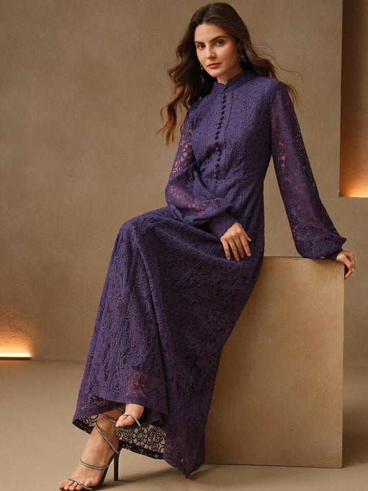 CM-DS393199 Women Elegant Seoul Style Lace Mandarin Collar Long Sleeve A-Line Dress - Purple