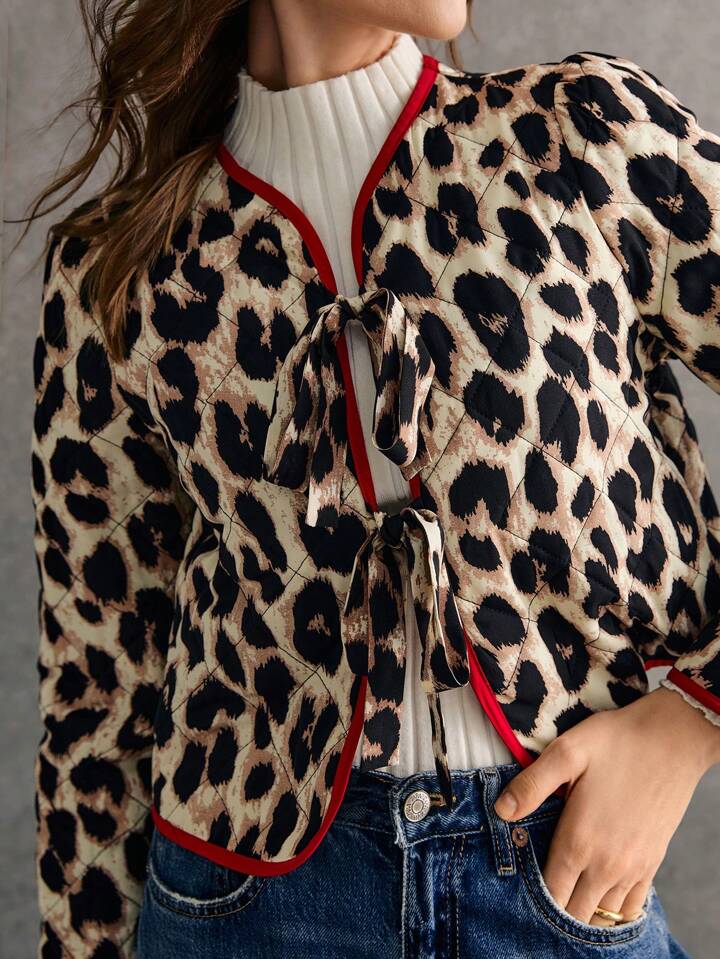 CM-CS392296 Women Casual Seoul Style Leopard Print Contrast Binding Front Knot Quilted Padded Coat