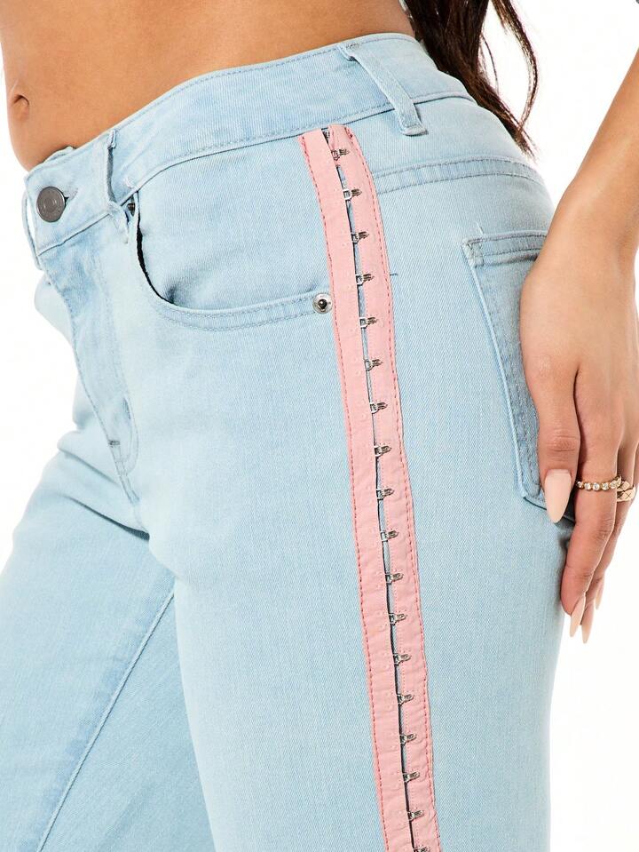 CM-BS578333 Women Casual Seoul Style Low Rise Side Stripe Detail Hook And Eye Closure Flare Leg Denim Jeans
