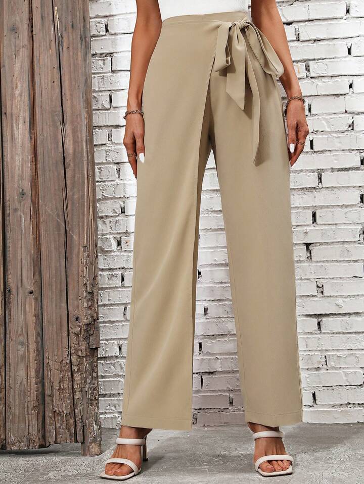 CM-BS320708 Women Casual Seoul Style High Waist Knot Side Pants - Khaki