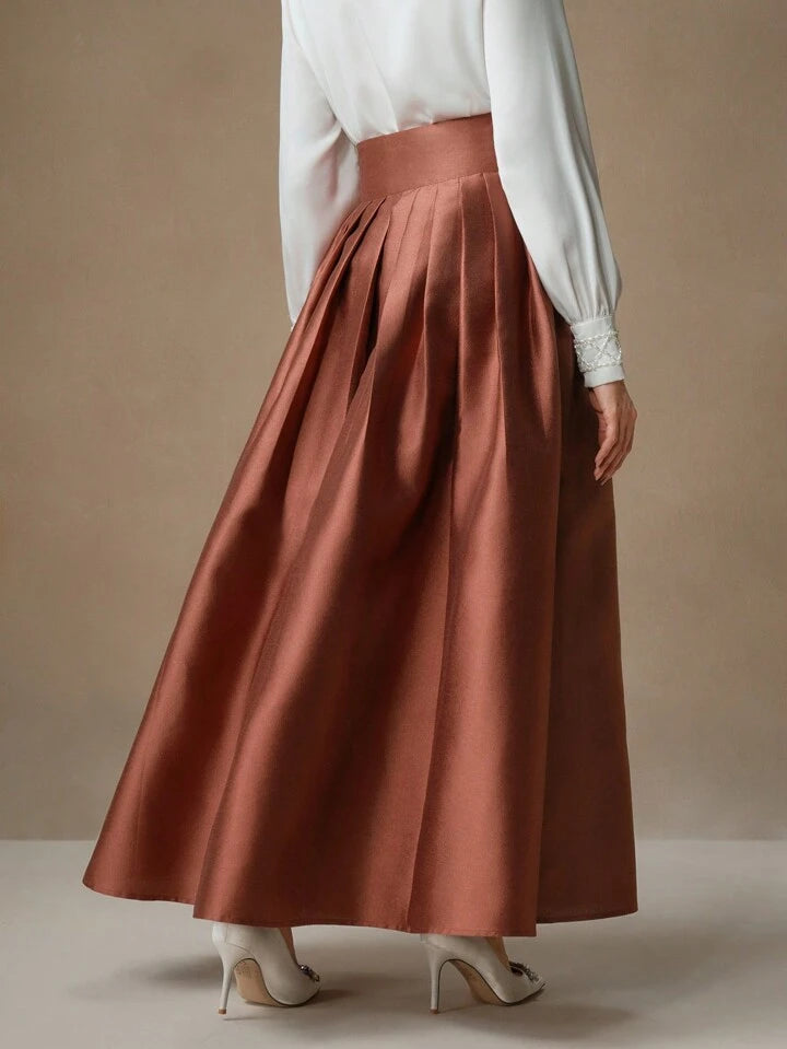 CM-BS672212 Women Elegant Seoul Style High Waisted Puff Pleated Long Skirt - Rust Brown