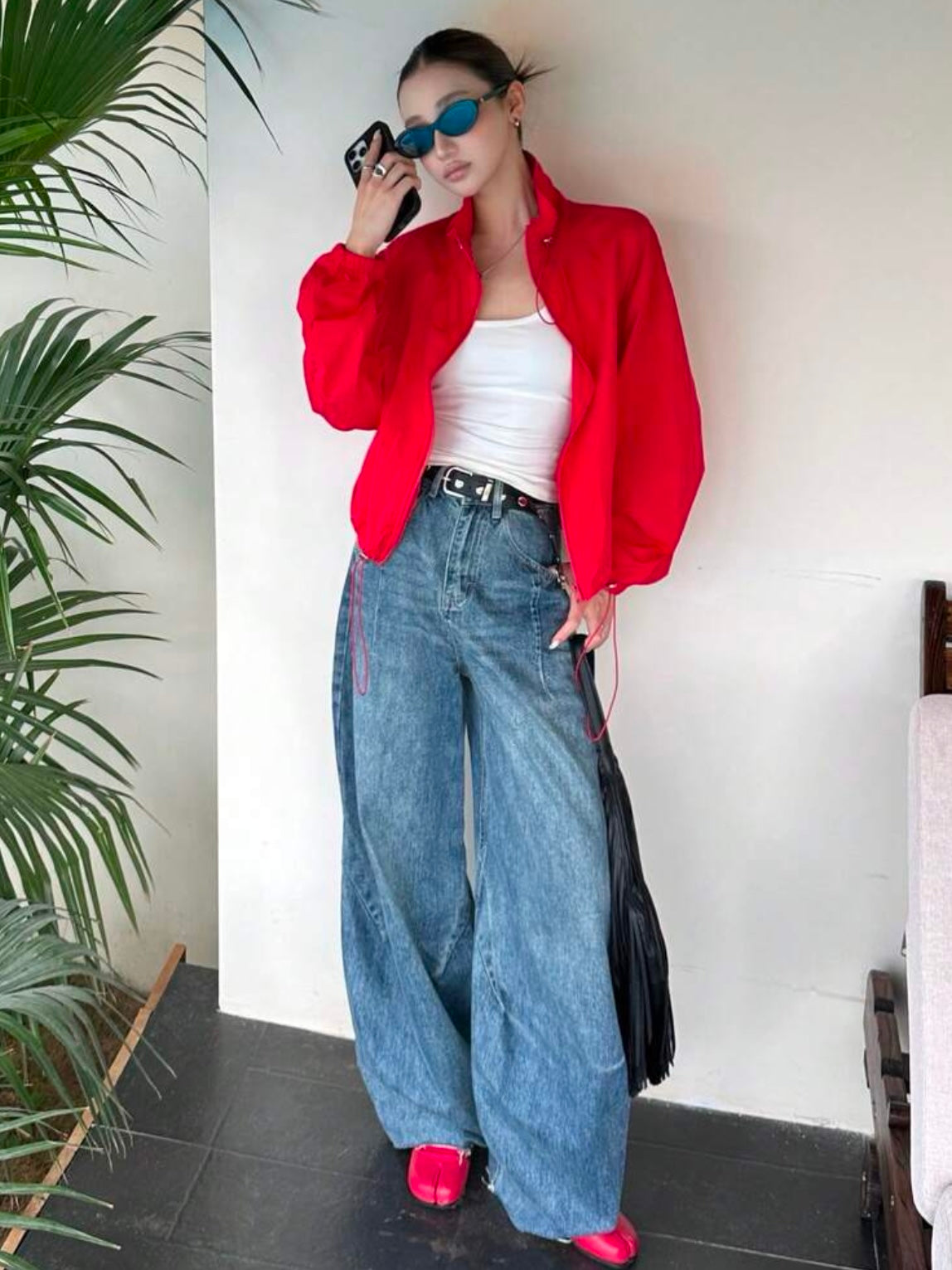CM-CS791546 Women Casual Seoul Style Drawstring Collar Loose Fit Short Lightweight Jacket - Red