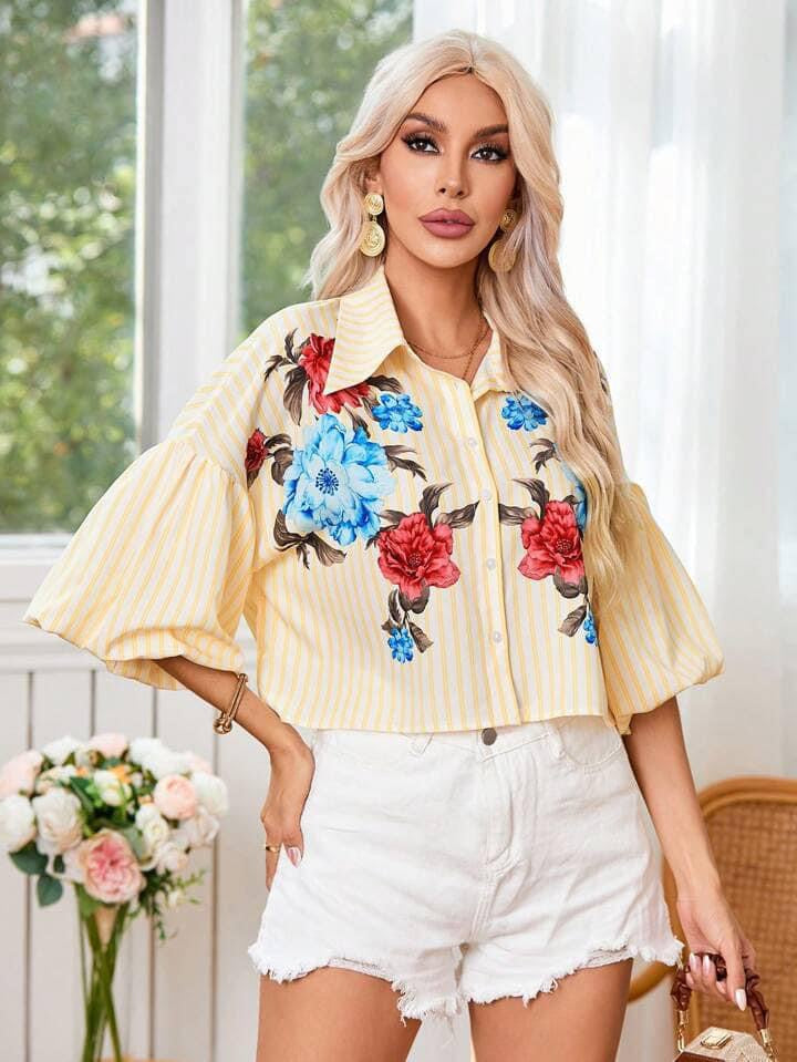 CM-TS705587 Women Casual Seoul Style Printed Striped Drop-Shoulder Bubble Sleeve Shirt