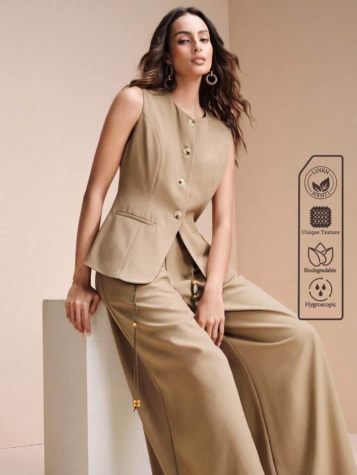 CM-SS173741 Women Elegant Seoul Style Linen Round Neck Sleeveless Vest With High Waist Beaded Wide Leg Pants - Set