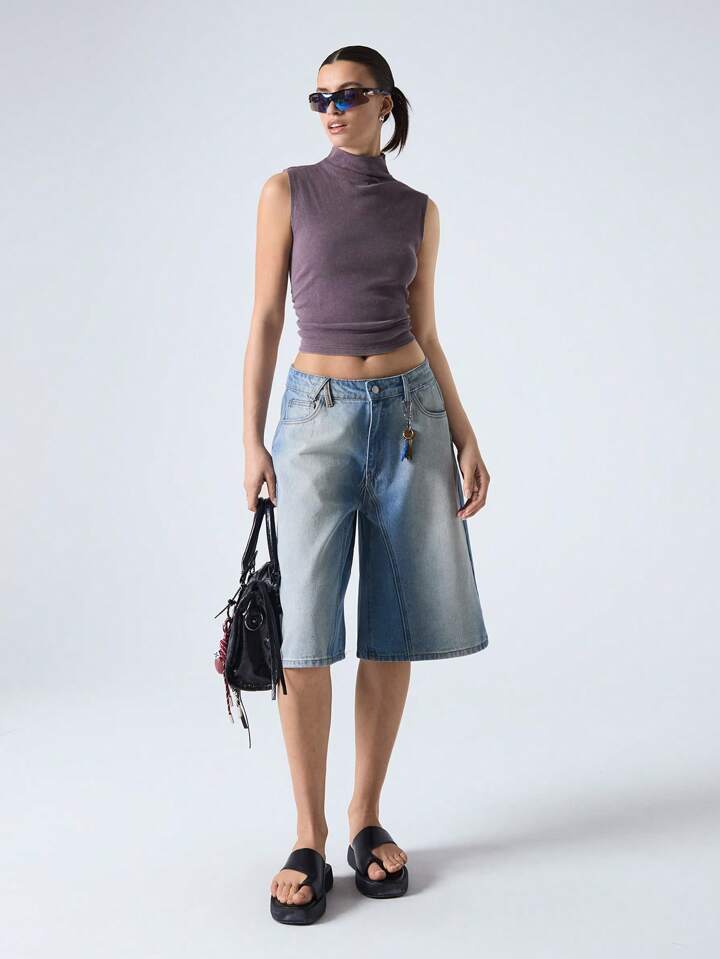 CM-BS151711 Women Casual Seoul Style Light Wash Loose Mid Rise Wide Leg Denim Shorts