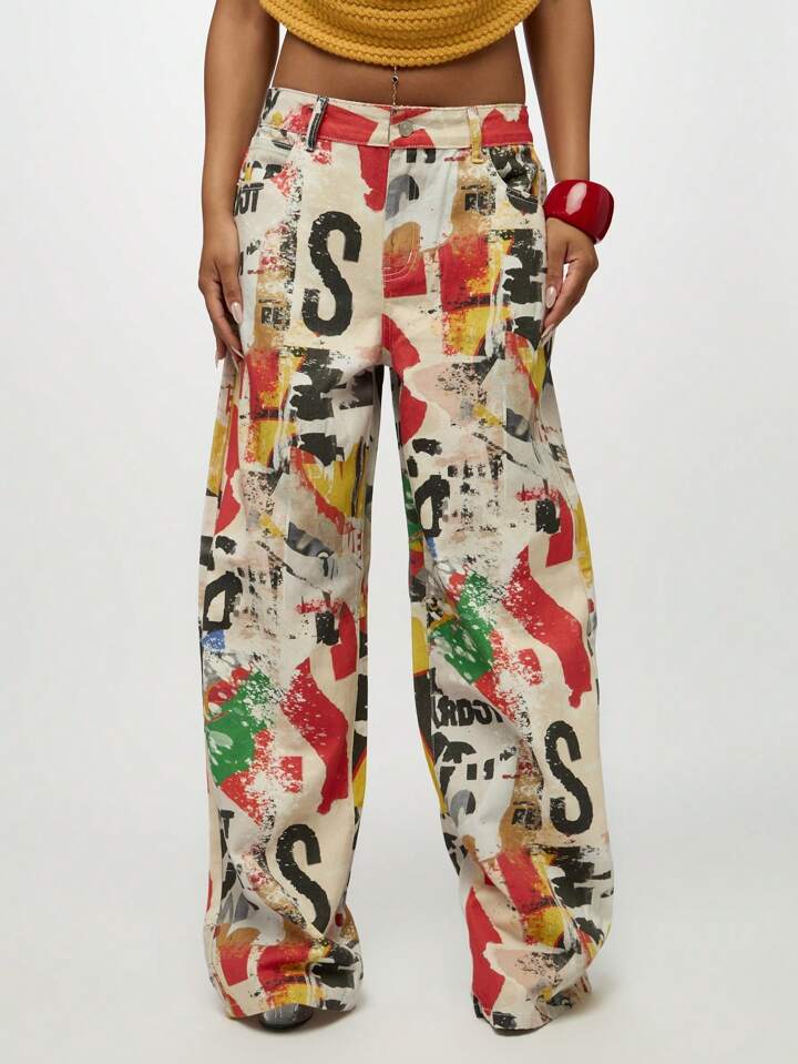 CM-BS263522 Women Casual Seoul Style Mid Waist Distressed Graffiti Print Wide Leg Baggy Jeans
