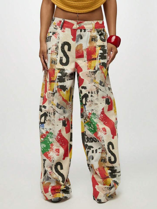 CM-BS263522 Women Casual Seoul Style Mid Waist Distressed Graffiti Print Wide Leg Baggy Jeans