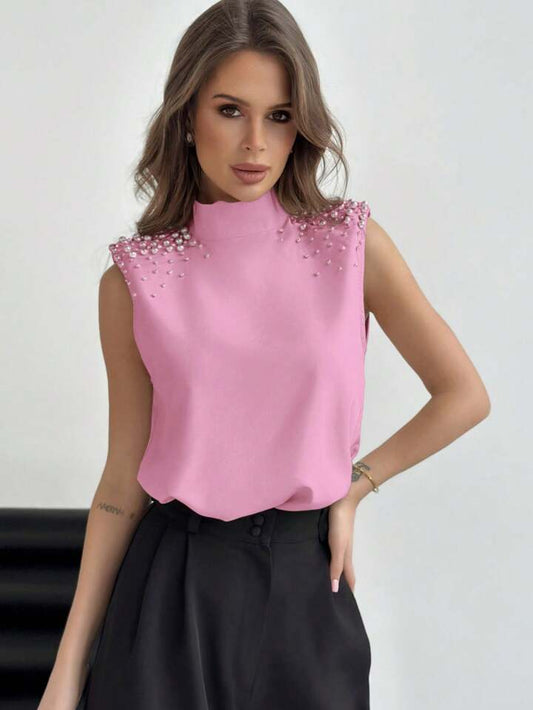 CM-TS810419 Women Casual Seoul Style Sleeveless Beaded Stand Collar Padded Shoulder Shirt