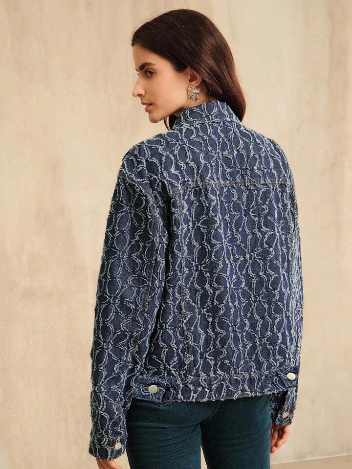 CM-CS134419 Women Casual Seoul Style Collar Neckline Long Sleeve Jacquard Denim Jacket - Blue