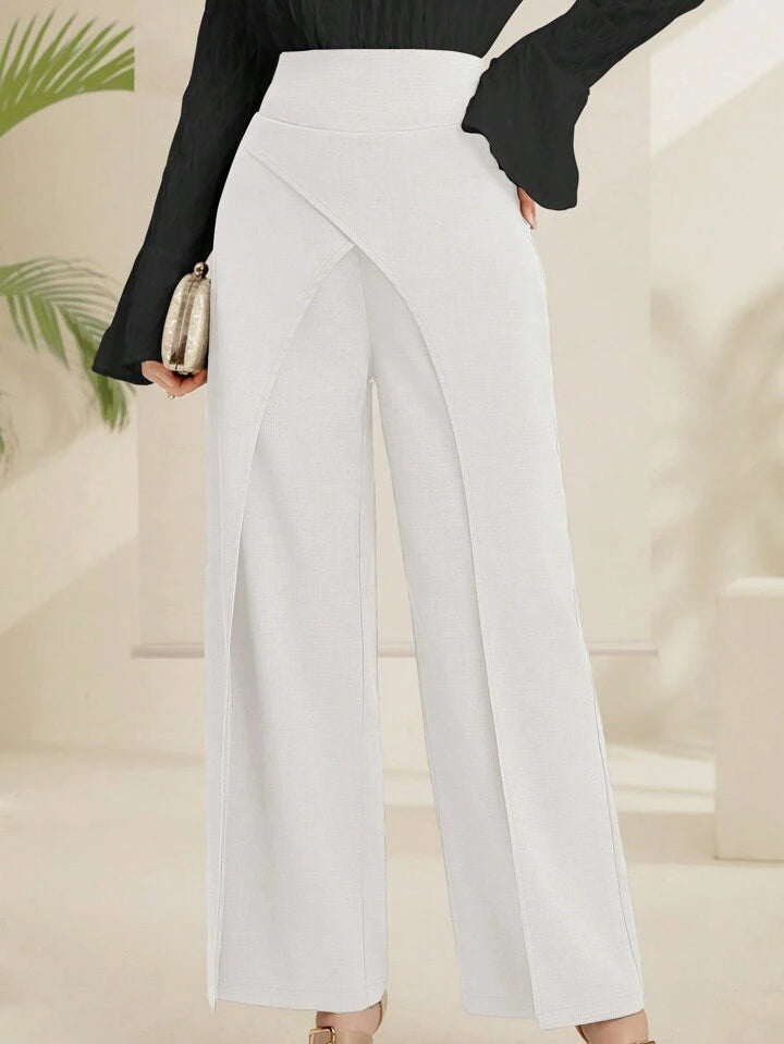 CM-BS156158 Women Casual Seoul Style Irregular Cut Solid Color Wide Leg Pants - White