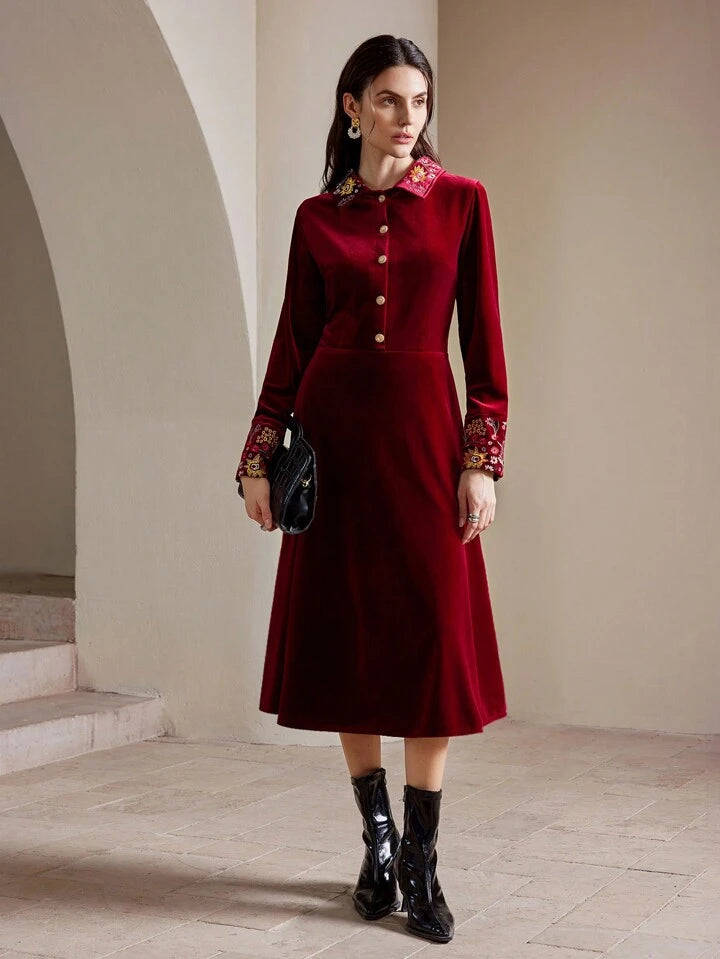 CM-DS682190 Women Retro Seoul Style Velvet Floral Embroidered Turn-Down Collar Long Dress - Burgundy