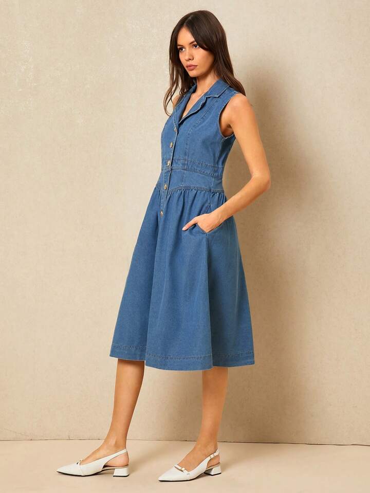 CM-DS474589 Women Casual Seoul Style Sleeveless Suit Collar Single-Breasted Denim Dress - Blue