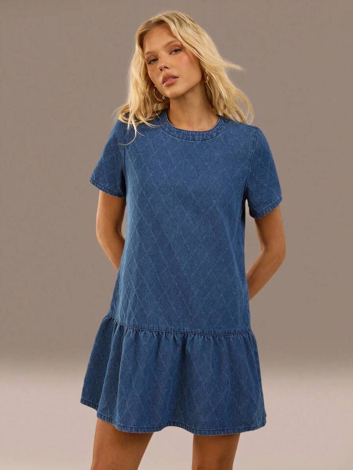 CM-DS159185 Women Casual Seoul Style Dark Wash Round Neck Short Sleeve Denim Mini Dress