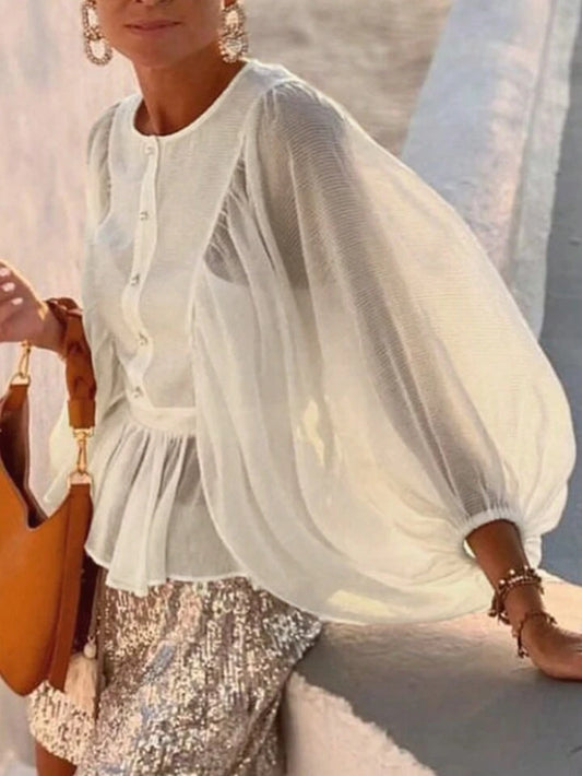 CM-TS530029 Women Casual Seoul Style Round Neck Mesh Lantern Sleeve Blouse - Apricot