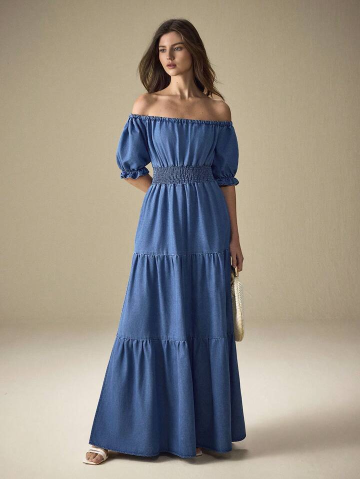 CM-DS553658 Women Trendy Bohemian Style Off-Shoulder Short Puff Sleeve Waist Gathered Long Denim Dress - Blue