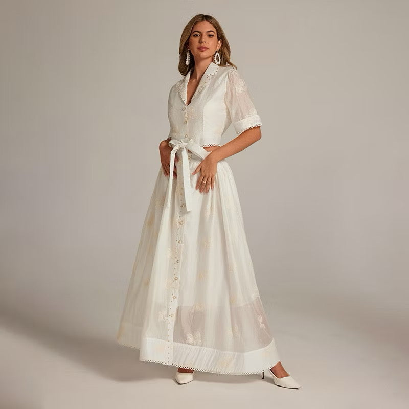 CM-SY035589 Women Elegant European Style Collar Neckline Half Sleeve Beads Decor Blouse With High Waist Long Skirt - Set