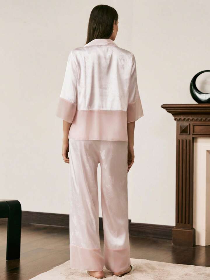 CM-LS048655 Women Trendy Seoul Style Bamboo Floral Reversible Collar 3/4 Sleeve Pajama Set - Baby Pink