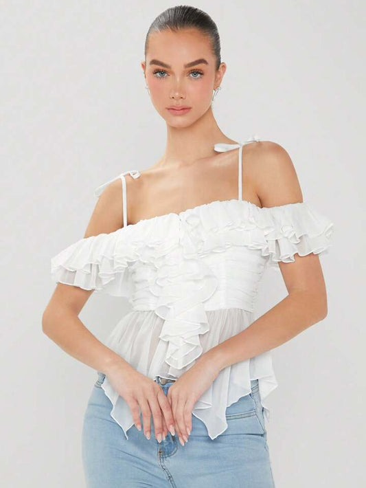 CM-TS864474 Women Casual Seoul Style Off-Shoulder Ruffle Trim Decoration Top - White