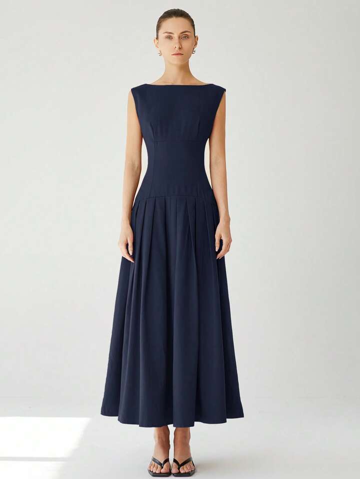 CM-DS247303 Women Elegant Seoul Style Sleeveless Cinched Waist Low Waist Pleated Ruffle Hem Long Dress - Navy Blue