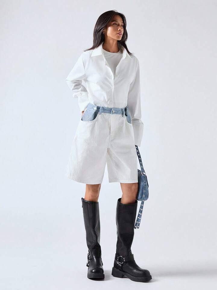 CM-BS011632 Women Casual Seoul Style Low Waist Contrast Loose Mid-Length Wide Leg Denim Short Pants