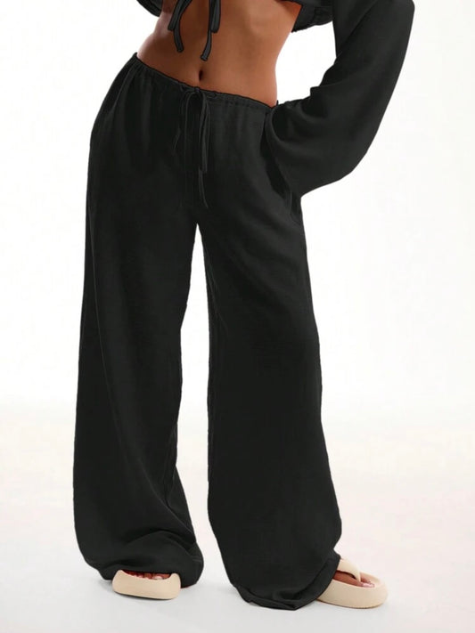 CM-BS676282 Women Trendy Bohemian Style Tie Front Linen Feel Beach Trouser - Black