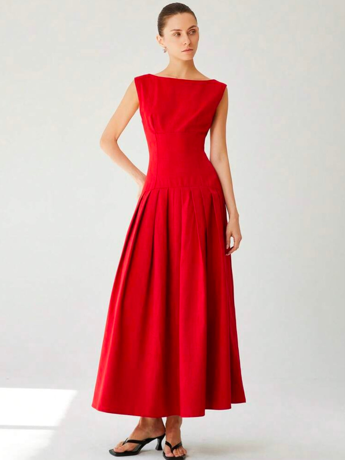 CM-DS552576 Women Elegant Seoul Style Boat Neck Sleeveless Ruched Low-Waist Ruffled Hem Maxi Dress - Red