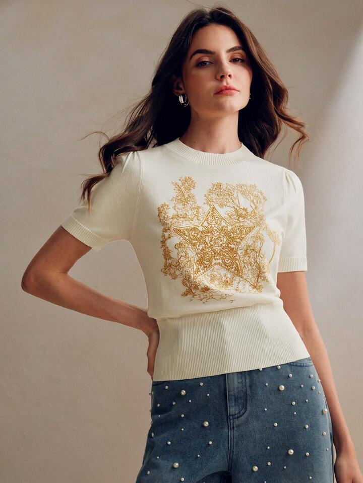 CM-TS235342 Women Casual Seoul Style Stand Collar Short Sleeve Floral Star Embroidered Knitted Shirt Tee - Cream