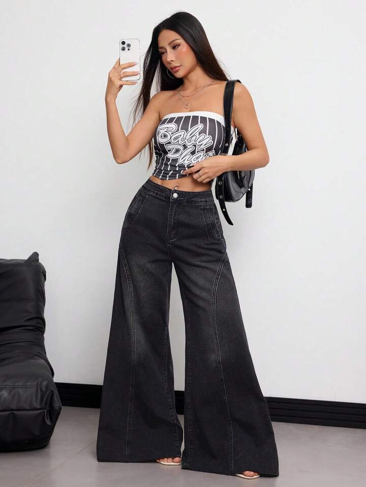 CM-BS765001 Women Elegant Seoul Style High Waist Loose Fit Pockets Wide Leg Jeans - Black