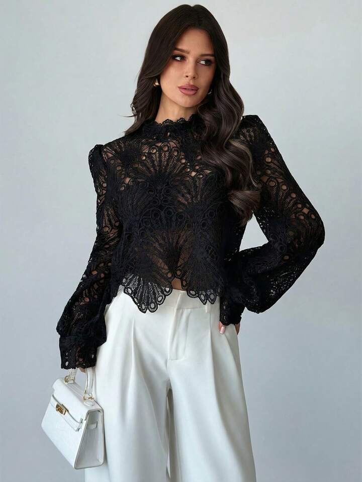 CM-TS794260 Women Elegant Seoul Style Mandarin Collar Lace Sheer Lantern Sleeve Blouse - Black