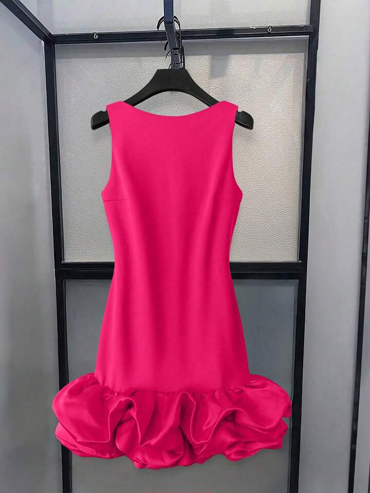 CM-DS365485 Women Elegant Seoul Style Round Neck Sleeveless Ruffle Hem Short A-Line Dress - Hot Pink