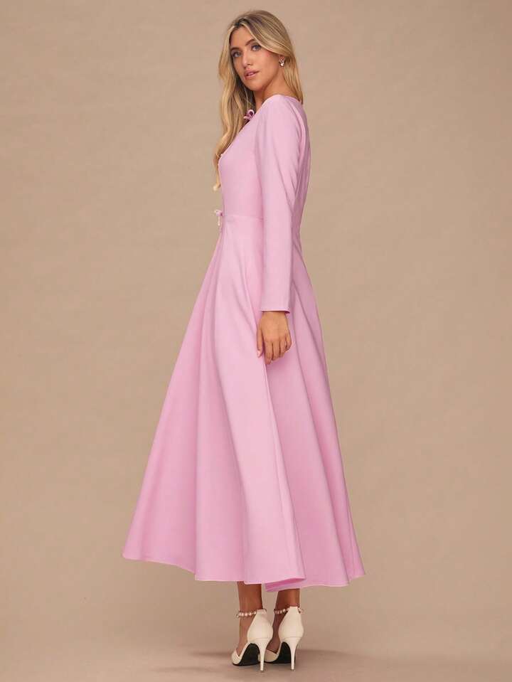 CM-DS775663 Women Elegant Seoul Style Bowknot Decor Round Neck Long Sleeves Maxi Dress - Pink