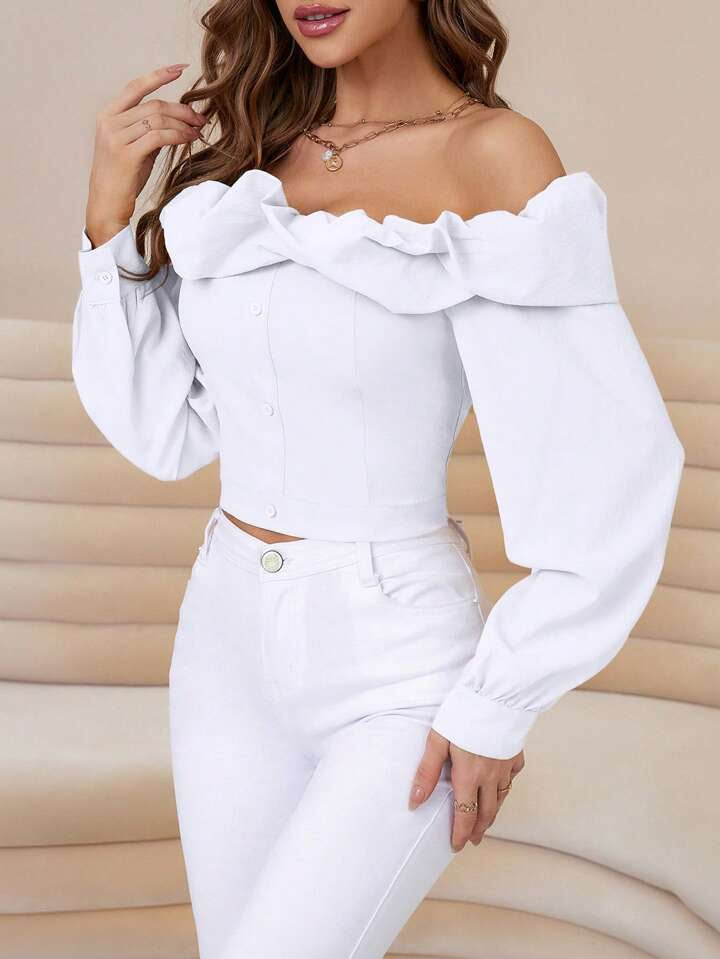 CM-TS011797 Women Elegant Seoul Style Off the Shoulder Long-Sleeved Shirt - White
