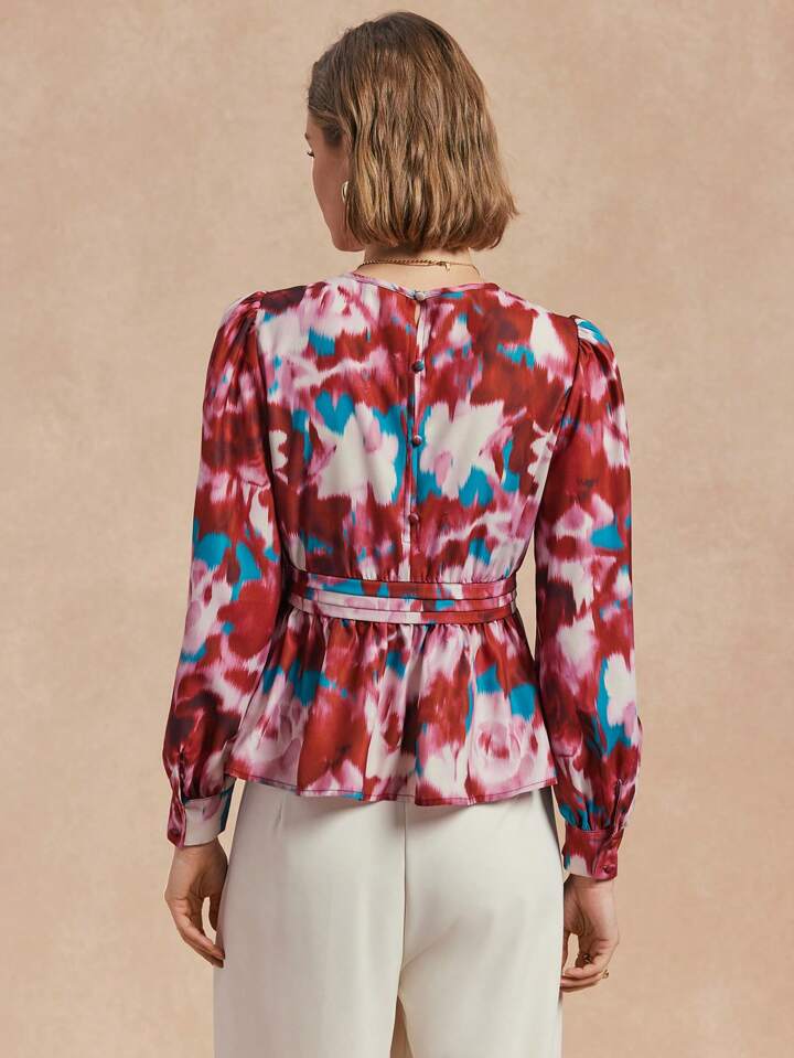 CM-TS023128 Women Casual Seoul Style Round Neck Long Sleeve Printed Peplum Top - Red