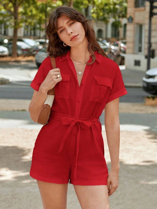 CM-JS135321 Women Casual Seoul Style Shirt Collar Roll up Short Sleeve Romper - Red