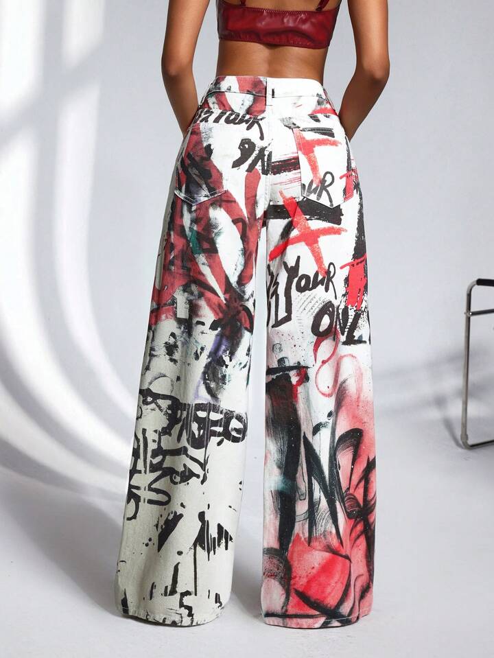 CM-BS645242 Women Casual Seoul Style Mid Waist All-Over Print Wide Leg Denim Long Pants