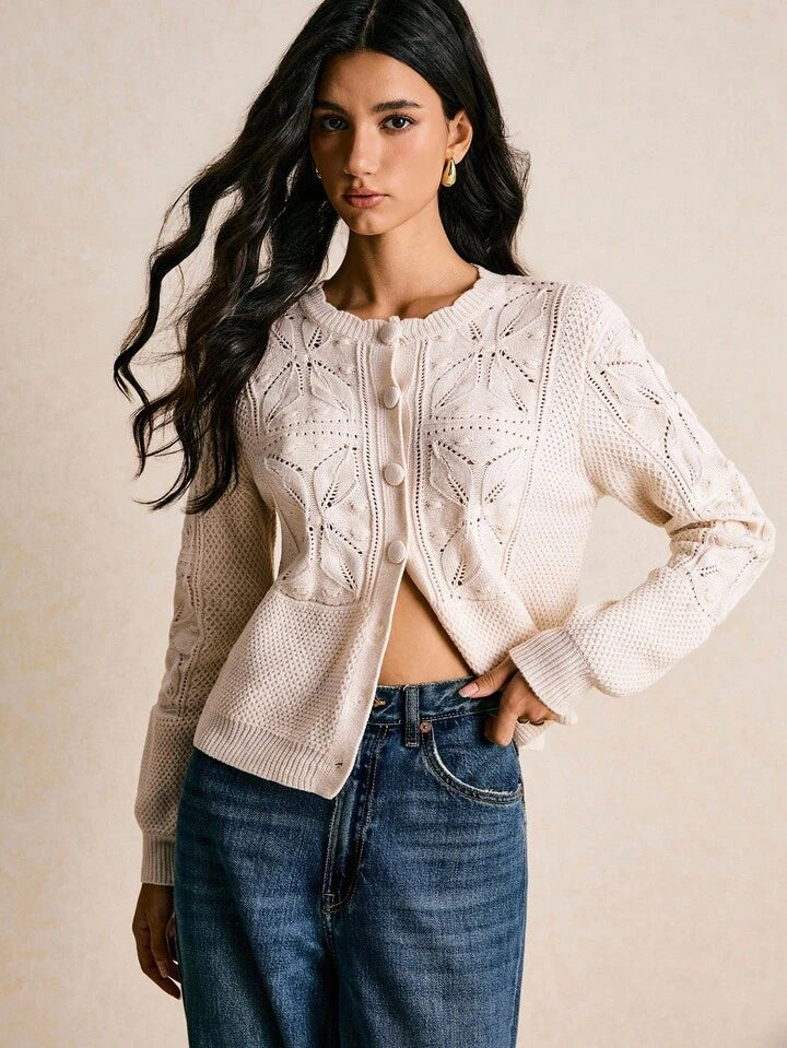 CM-CS434479 Women Casual Seoul Style Round Neck Long Sleeve Hollow Out Button Front Loose Knitted Cardigan