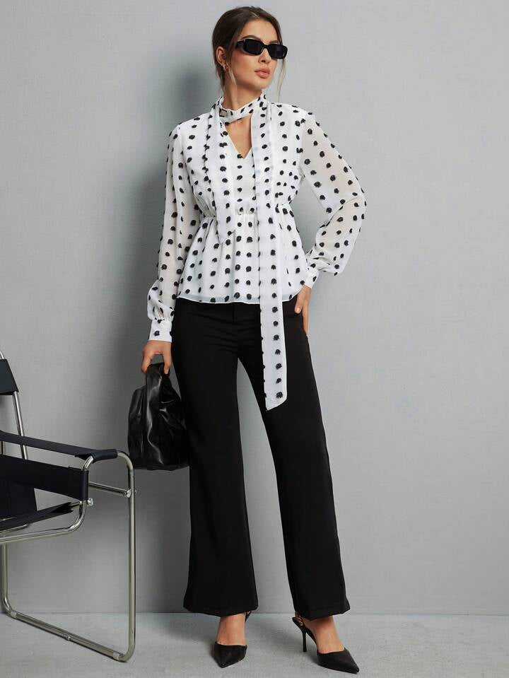 CM-TS424444 Women Casual Seoul Style Keyhole Neckline Polka Dot Printed Ruffle Hem Shirt