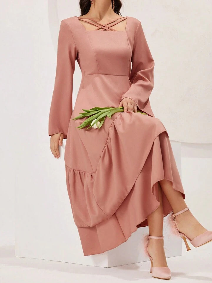 CM-DS155455 Women Elegant Seoul Style V-Neck Bell Sleeve Ruffle Hem A-Line Dress - Pink