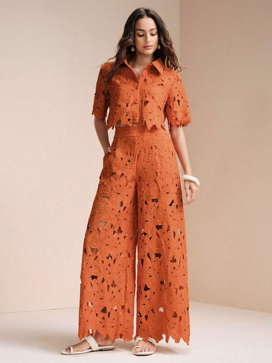 CM-SS712688 Women Trendy Bohemian Style Laser Cut Out Embroidered Short Sleeve Crop Top With Wide Leg Pants - Set